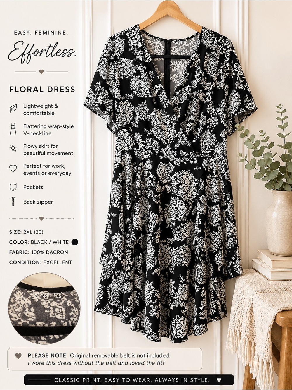Black & White Flowy Dress - Classic V-Neck